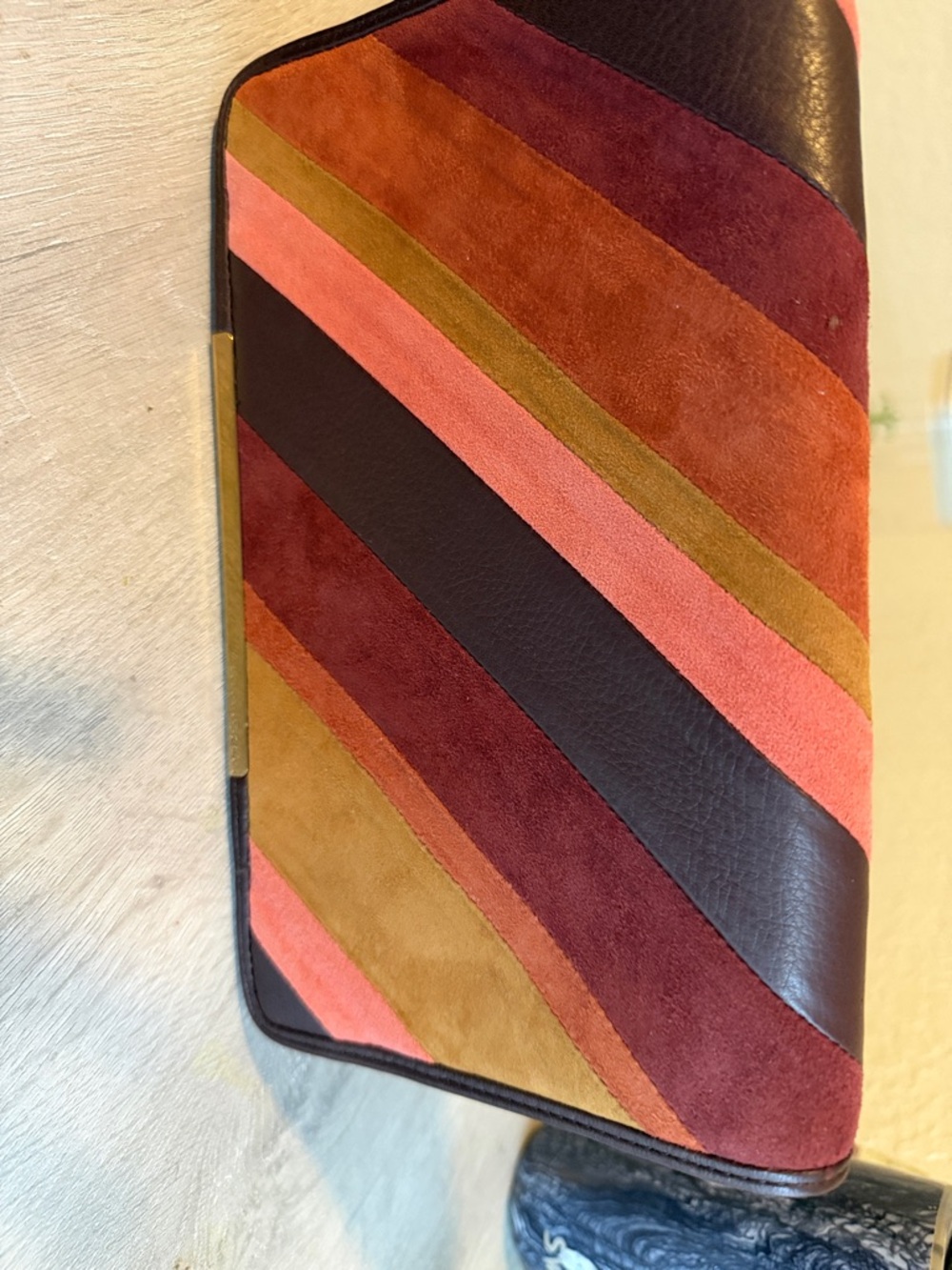 Striped Suede and Leather Clutch in Coral, Burgundy & Brown